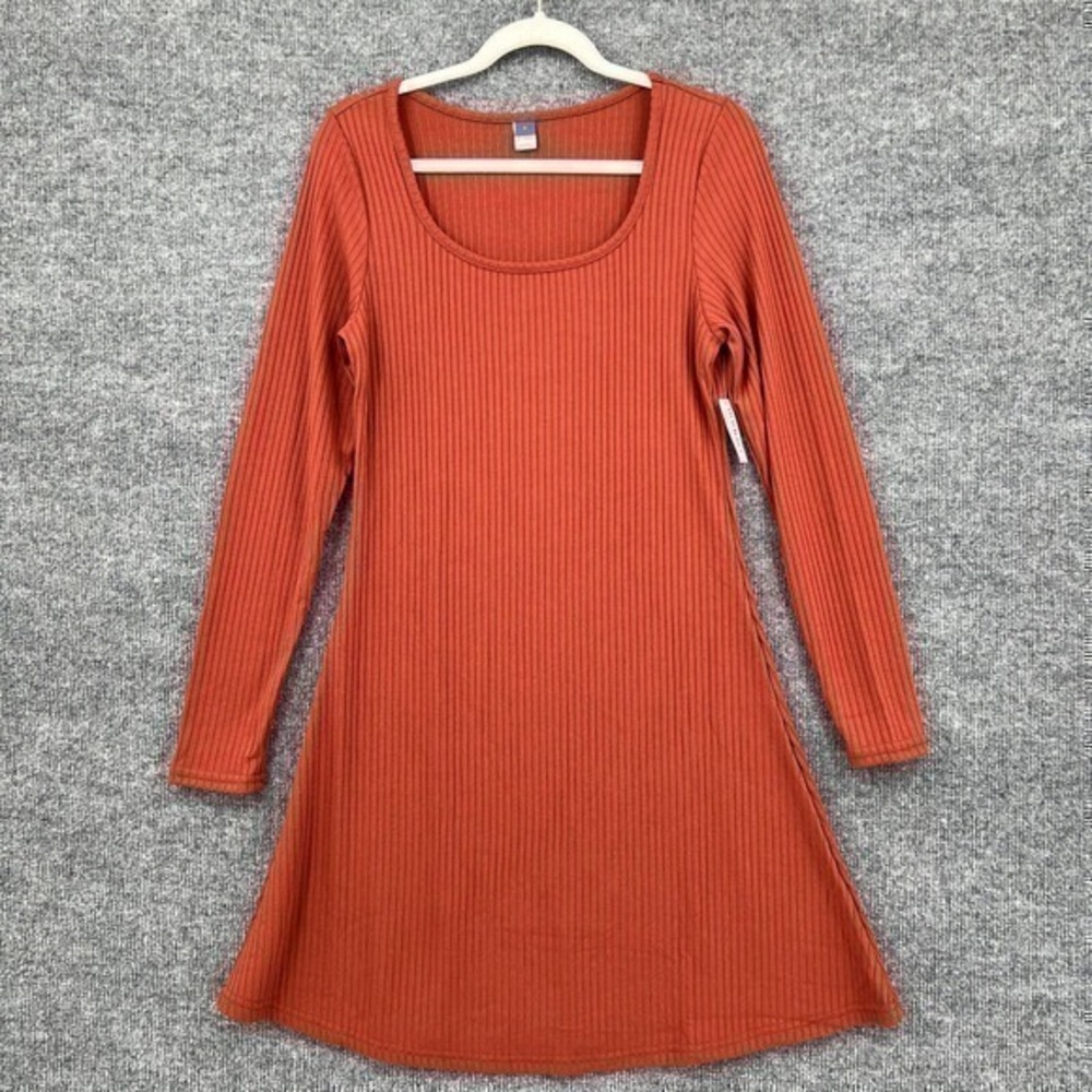 Old Navy Dress Womens Small Rust Rib Knit Scoop Neck Long Sleeve A-Line Skater